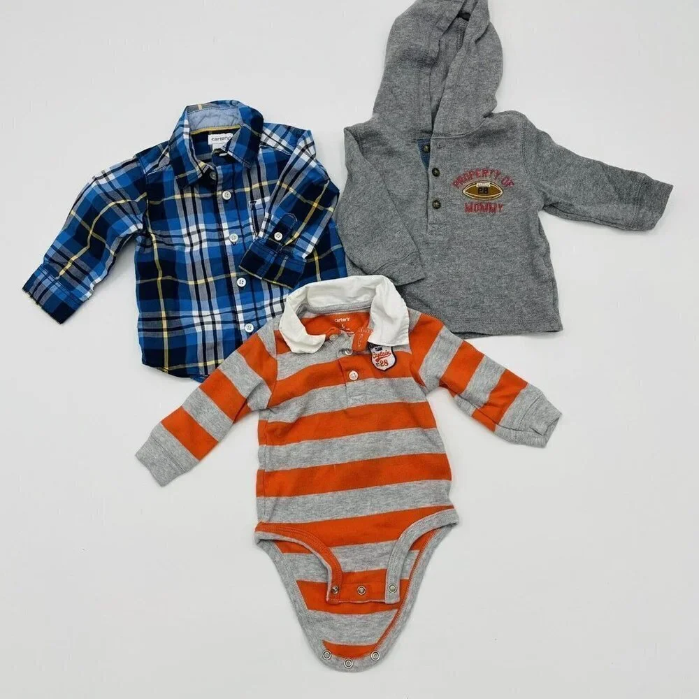 Carters Infant Boys Size 6 Months Lot of 3 Long Sleeve Shirts 100% Cotton 628‎